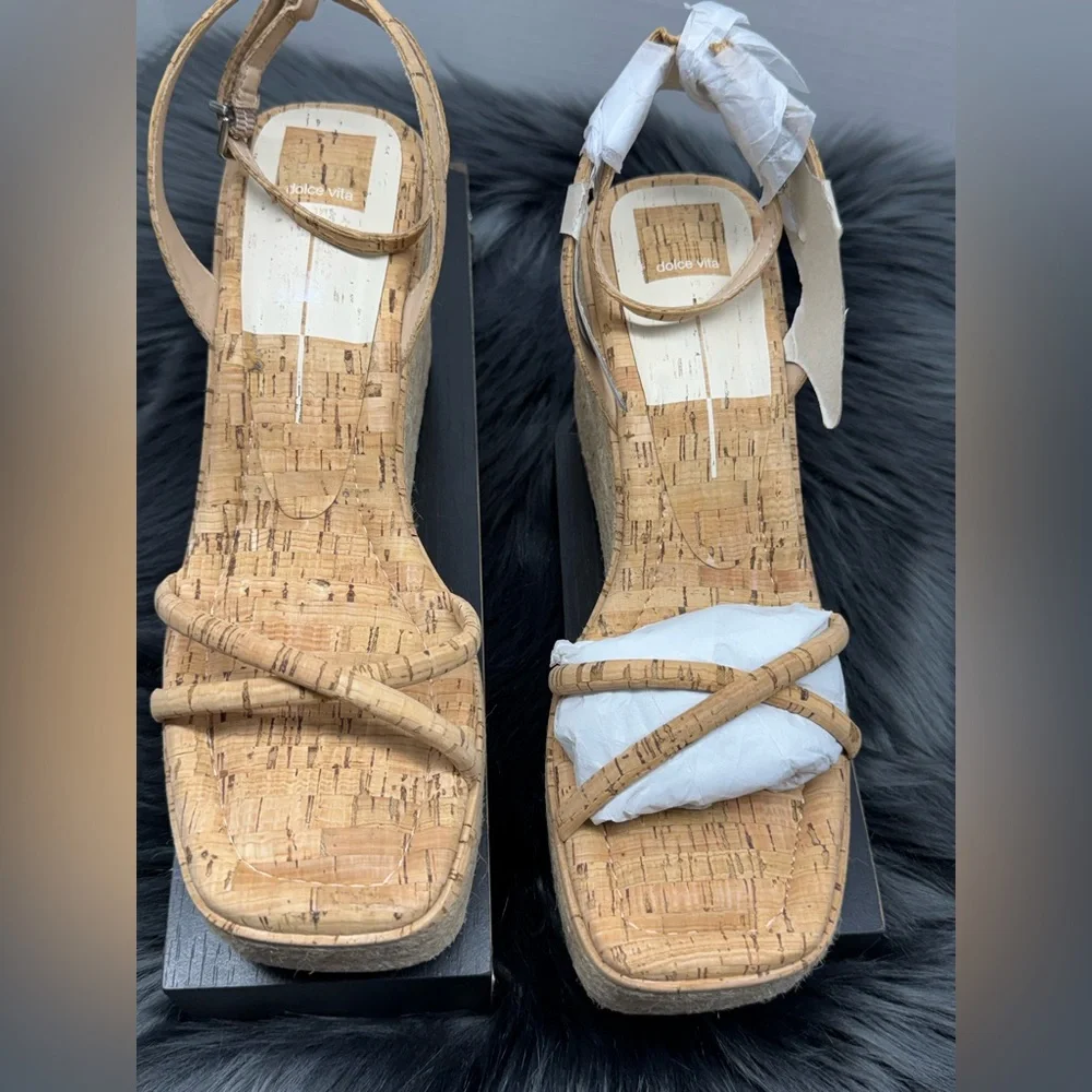*NEW* Dolce Vita Elvia Strappy Platform Wedge Sandals in Natural Cork Size 10